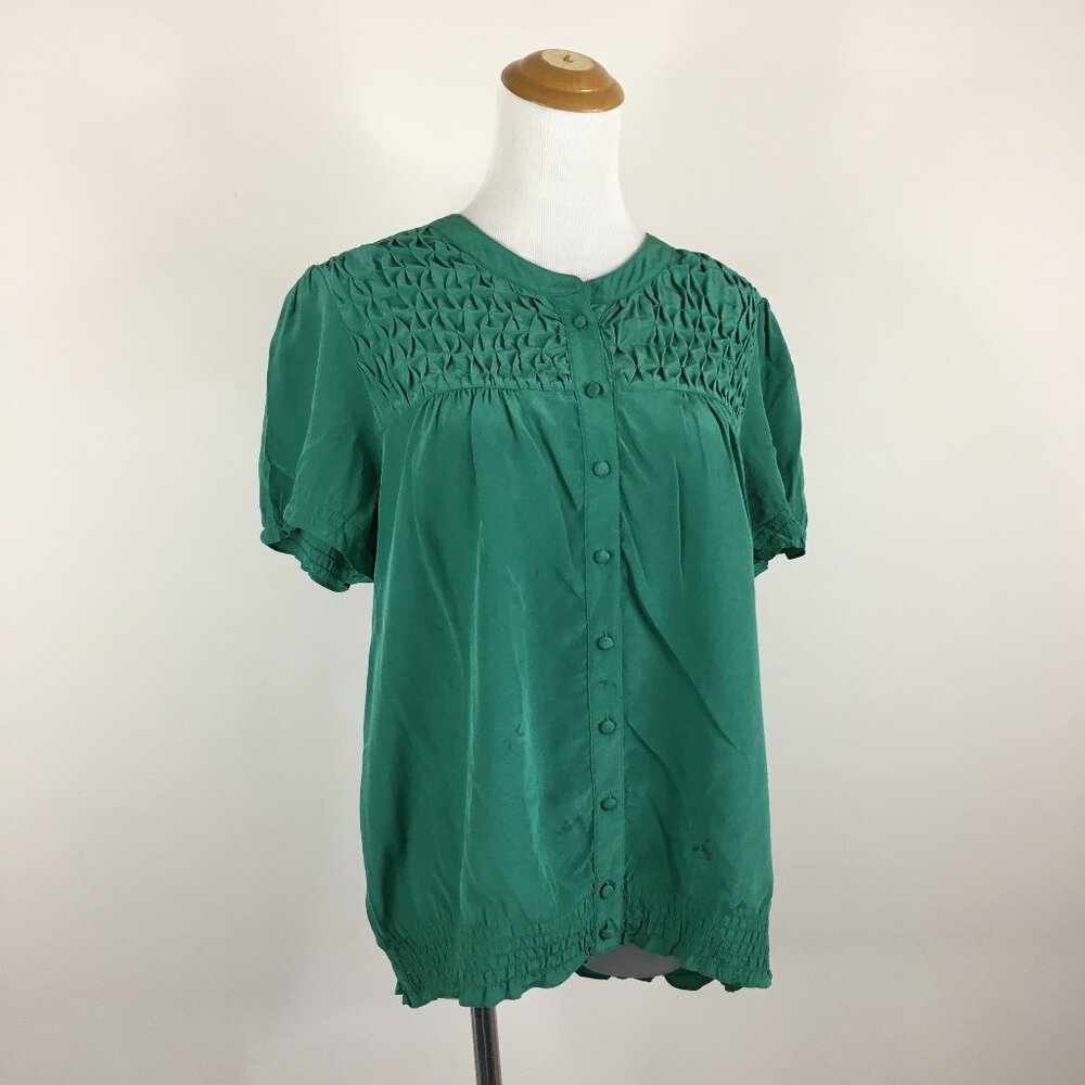 JOIE Green 100% Silk Textured Shirred Hem Short Sleeve Button Shirt